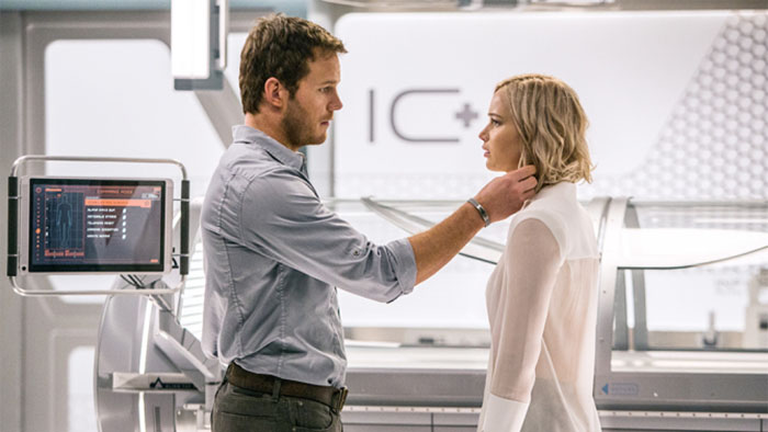 In the Infirmary, Jim (CHRIS PRATT) and Aurora (JENNIFER LAWRENCE) realize they have limited options in Columbia Pictures PASSENGERS.