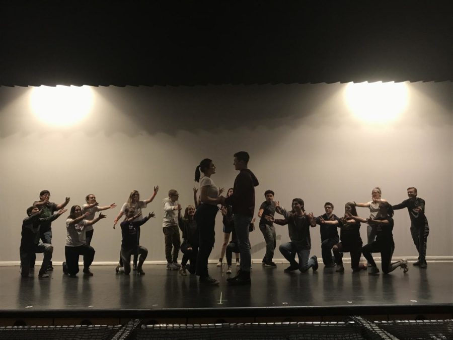 Cast at rehearsal: Students practice for their upcoming performance. Honeymoon in Vegas has never been performed in Pittsburgh before.