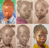 Helping through art: Junior Macy Hale participates in making portraits for children in Haiti. Other students’ drawings (above) were also sent back to Haiti for the children. 