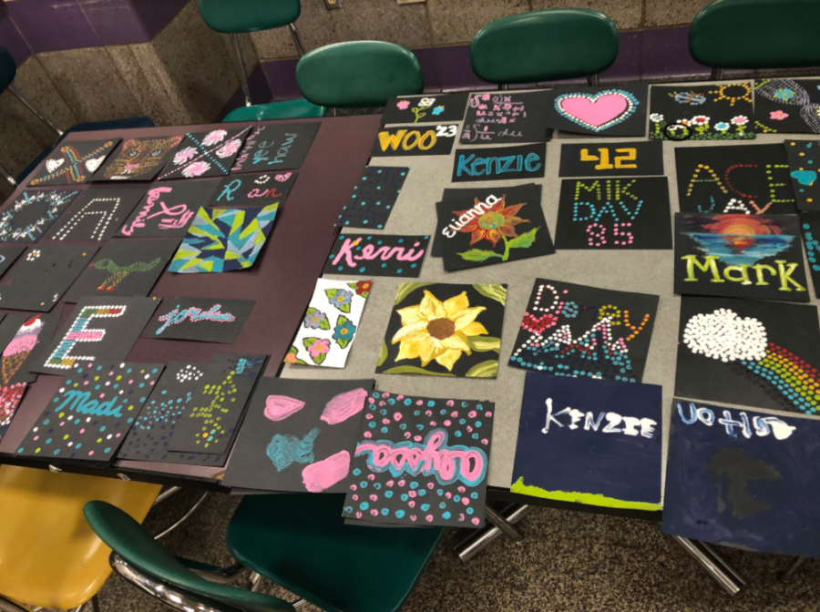 A display of various painting made by students to pass time during the all-night Mini-THON.