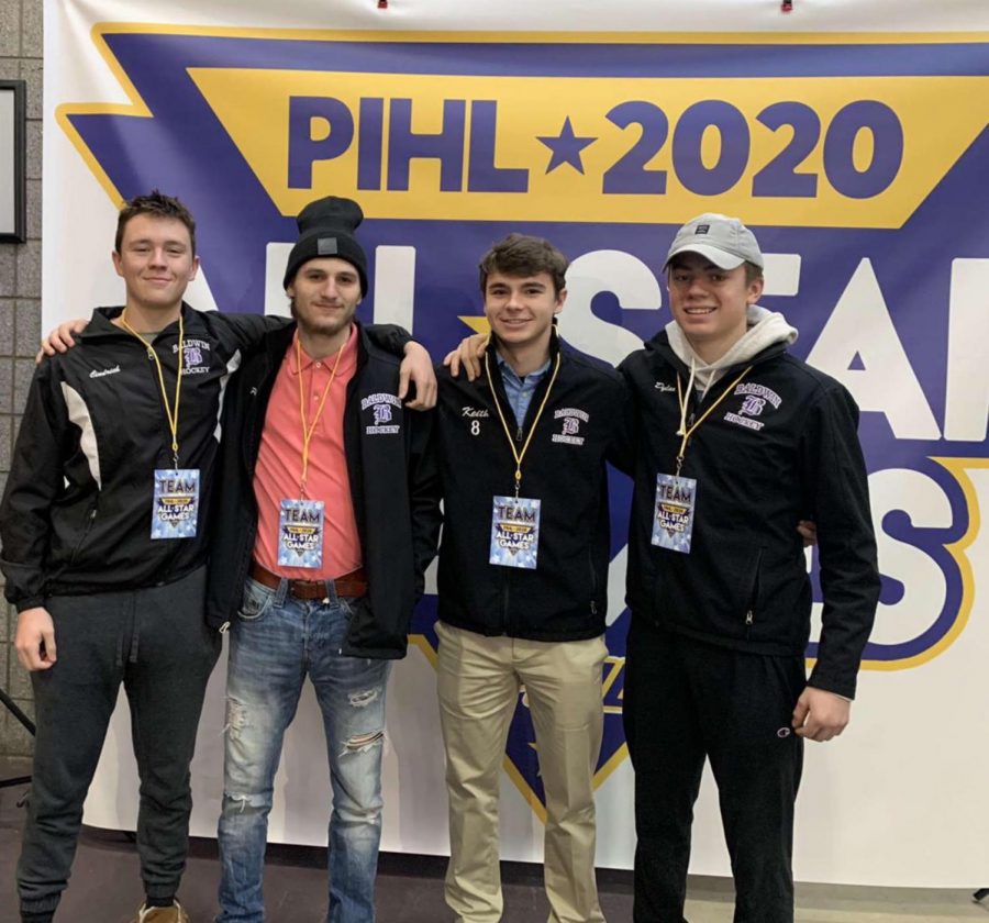 Hockey players Tanner Cindrich (from left), Paul Zmuda, Keith Reed, and Dylan Belak represent Baldwin at the all-star game.