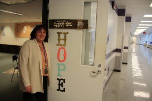 Teacher Amy Prioe stands in the HOPE program classroom on the first floor. 