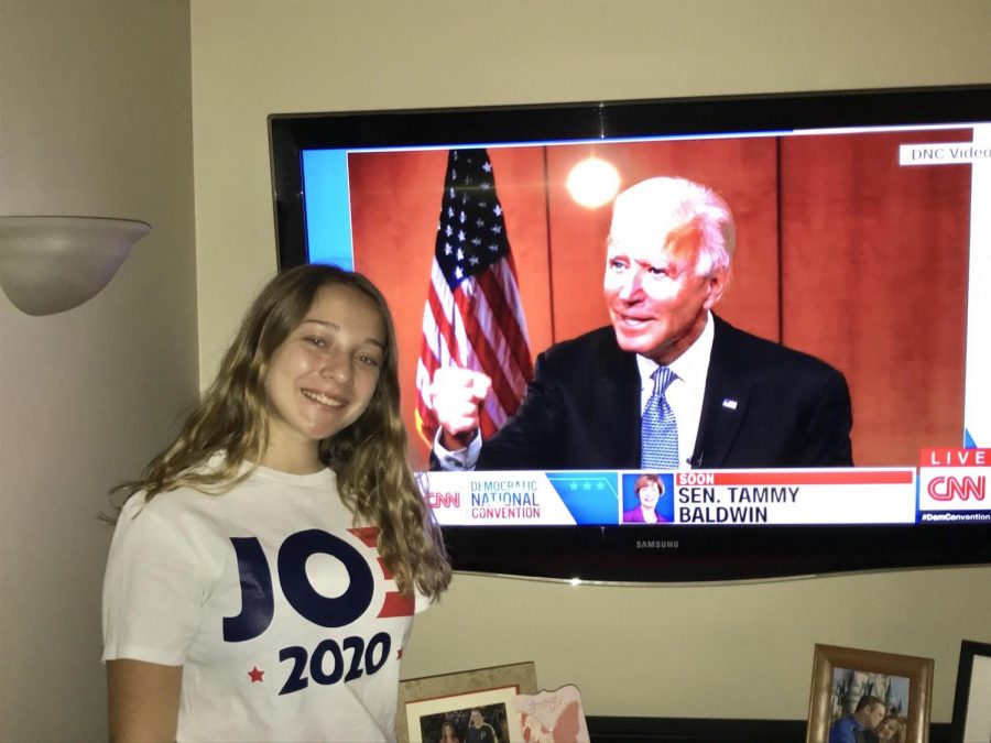 Lindsay Bonetti, wearing her Joe Biden shirt, during the Democratic convention.
