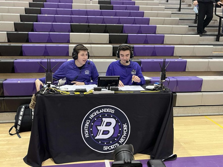 Alumni Tyler Zeman and Austin Bechtold announce at basketball and football games.