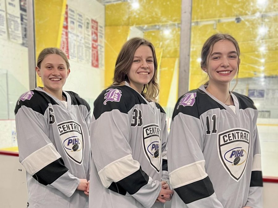 Baldwin students Delaney Howard (from left), Evelyn Wright, and Maggie Overn play in the new PIHL Girls Hockey League.