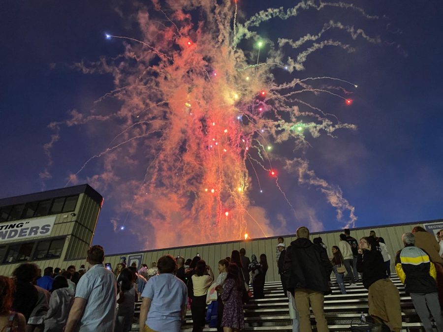 Senior+Commencement+ends+with+fireworks+from+behind+the+football+stadium.