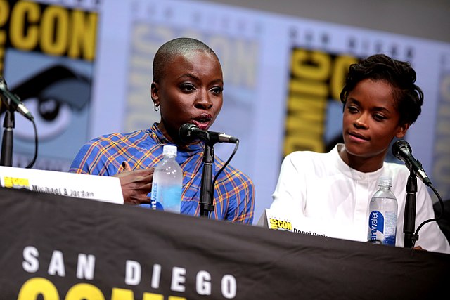 Danai Gurira (left) plays Okoye in the film, while Letitia Wright (right) plays Shuri in the movie.