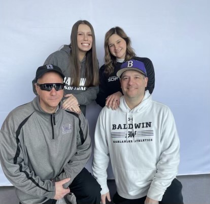 Baldwin softball hired coaches Steve Dadig 
(bottom left) and Ron Santillo and their daughters Taylor Dadig (top left) and Carly Santillo. 