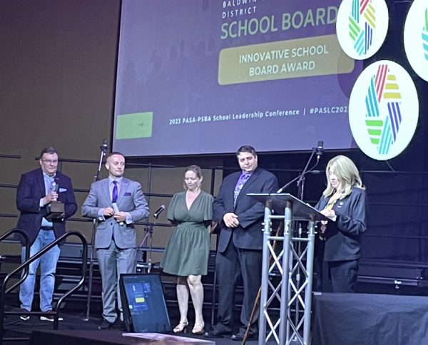  The Baldwin-Whitehall Board of School Directors receives the innovation award from the Pennsylvania School Board Association. Supt. Dr. Randal Lutz also received an innovation award.
