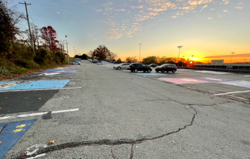 The student parking lot was mostly empty this morning on Senior Skip Day. 