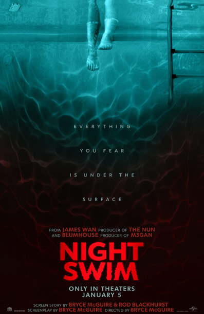 Blumhouses latest film, Night Swim, ends up being a mediocre, fright-less horror movie about a haunted swimming pool. Photo via Universal Pictures.
