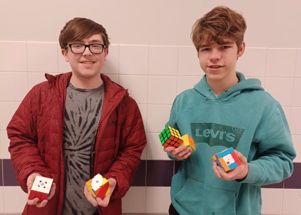 Freshmen Hayden Fredrick (left) and Carson Bender compete at speedcubing events in Pennsylvania and nearby states.