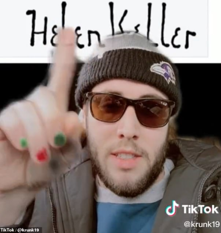 In a video on his TikTok account, Keith Runk argues that Helen Keller’s handwriting appears to be too neat to belong to a deaf and blind person. Screenshot from Runk’s TikTok video.