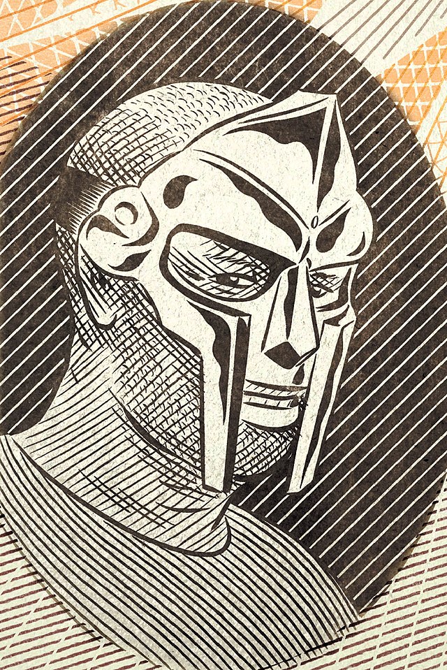 MF DOOM is drawn with his metal mask in a portrait for his 2011 tour. DOOM by TheArches is licensed under CC BY 2.0 DEED