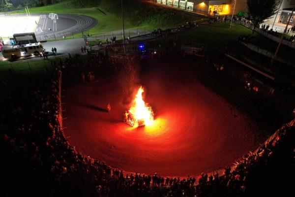 The 2024 Homecoming Carnival bonfire as captured in drone footage.