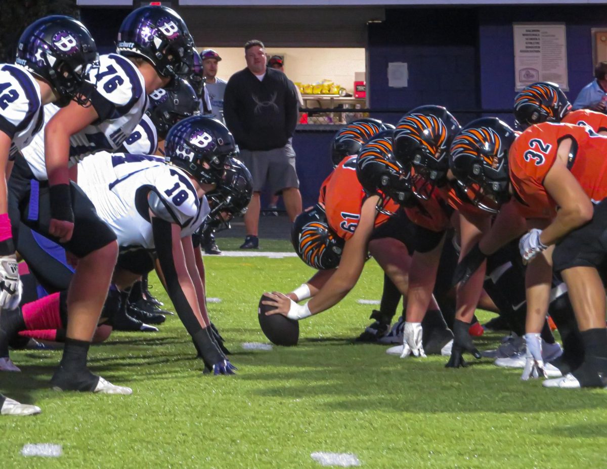 Baldwin prepares for a defensive play against Bethel Park in the first quarter. Bethel Park defeated Baldwin 56-6.