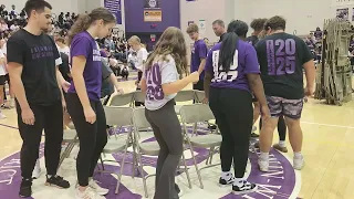 Class representatives and teachers competed in musical chairs at the pep rally.