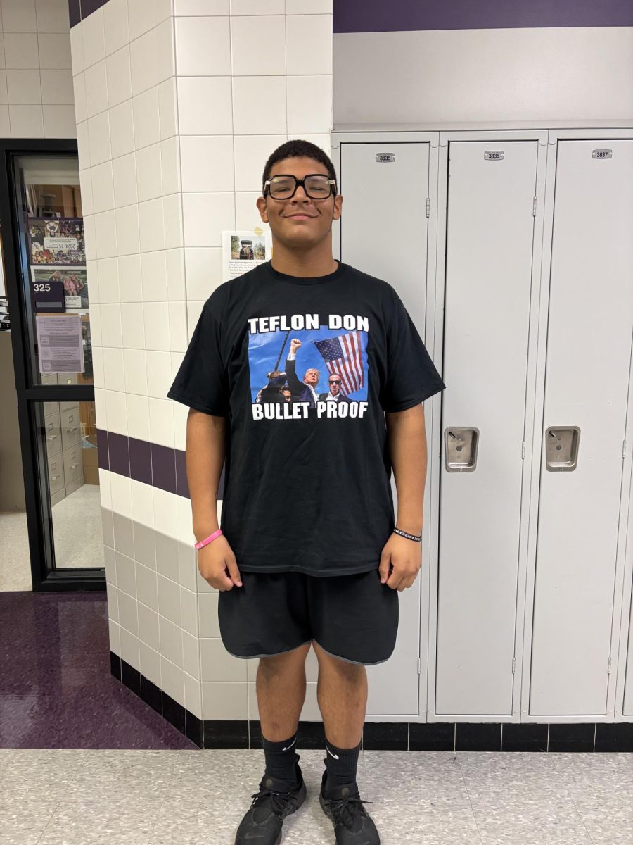 Trump supporter junior Andre Diven wears a Trump shirt to school on Wednesday. 