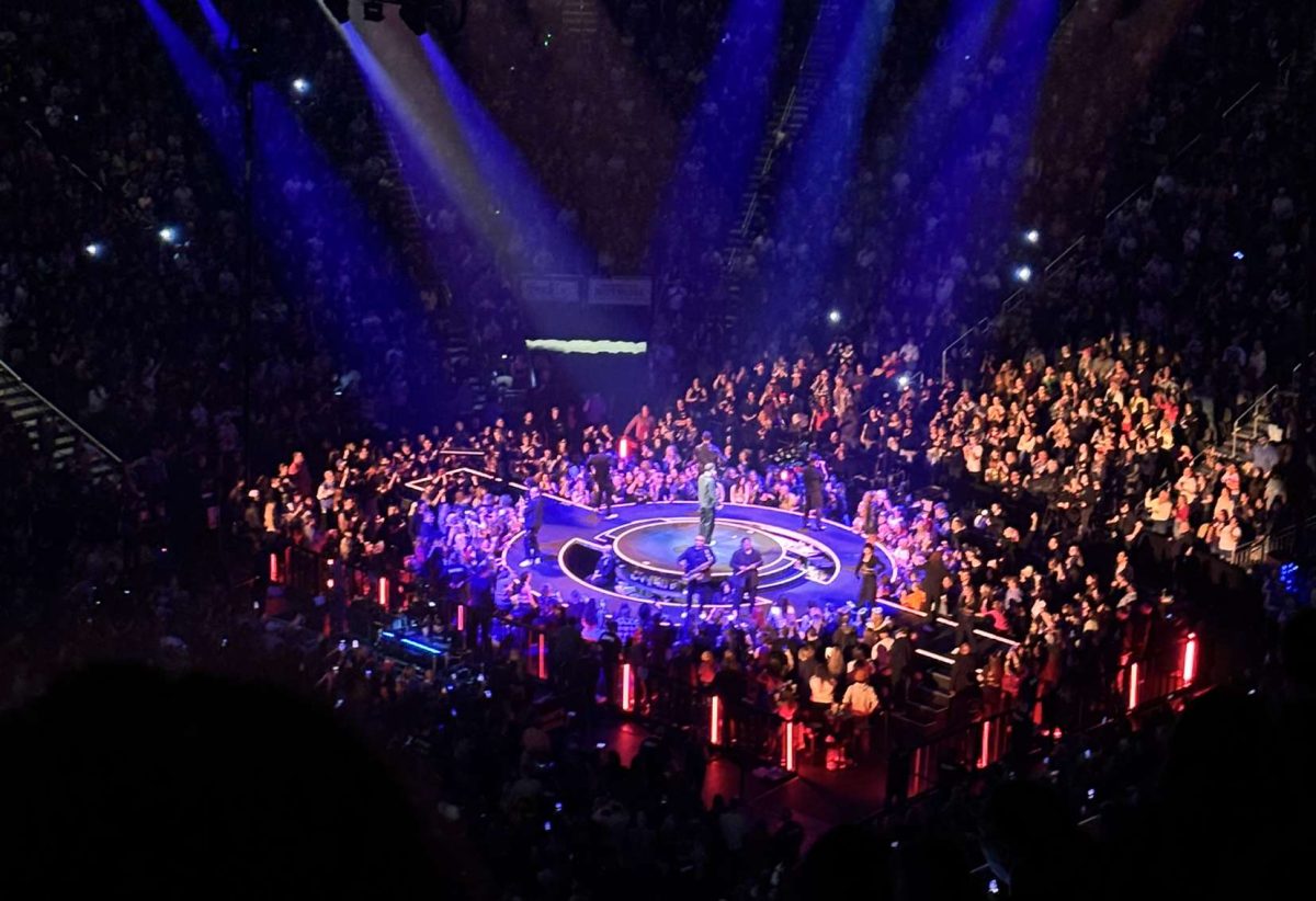 Pop singer Justin Timberlake performs on the small stage during his Forget Tomorrow World Tour.