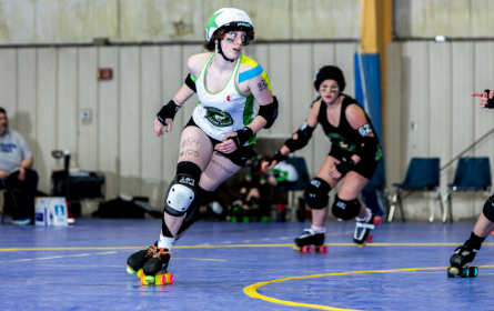 Casey Maloney competes as a jammer in derby. Photo credit by Casey Maloney.
