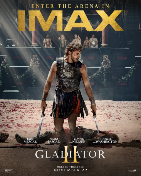 The gladiators, who are held as slaves, train and fight in a big arena before the emperor or emperors. Image via IMAX.