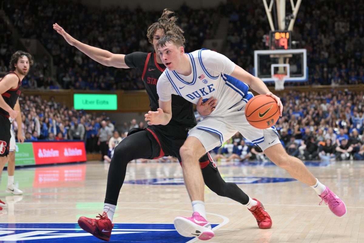 Duke Blue Devils forward Cooper Flagg (2) drives the ball to the basket against the Stanford Cardinal during the second half at Cameron Indoor Stadium in February. Blue Devils won 106-70. Zachary Taft-Imagn Images