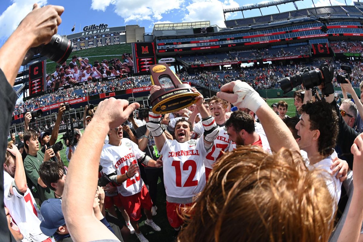 May 26, 2025; Foxborough, MA, USA; Cornell midfielder Anthony Bartolotto (12) celebrates defeating the Maryland Terrapins to win the NCAA Division I Mens Lacrosse Championship at Gillette Stadium. Mandatory Credit: Eric Canha-Imagn Images