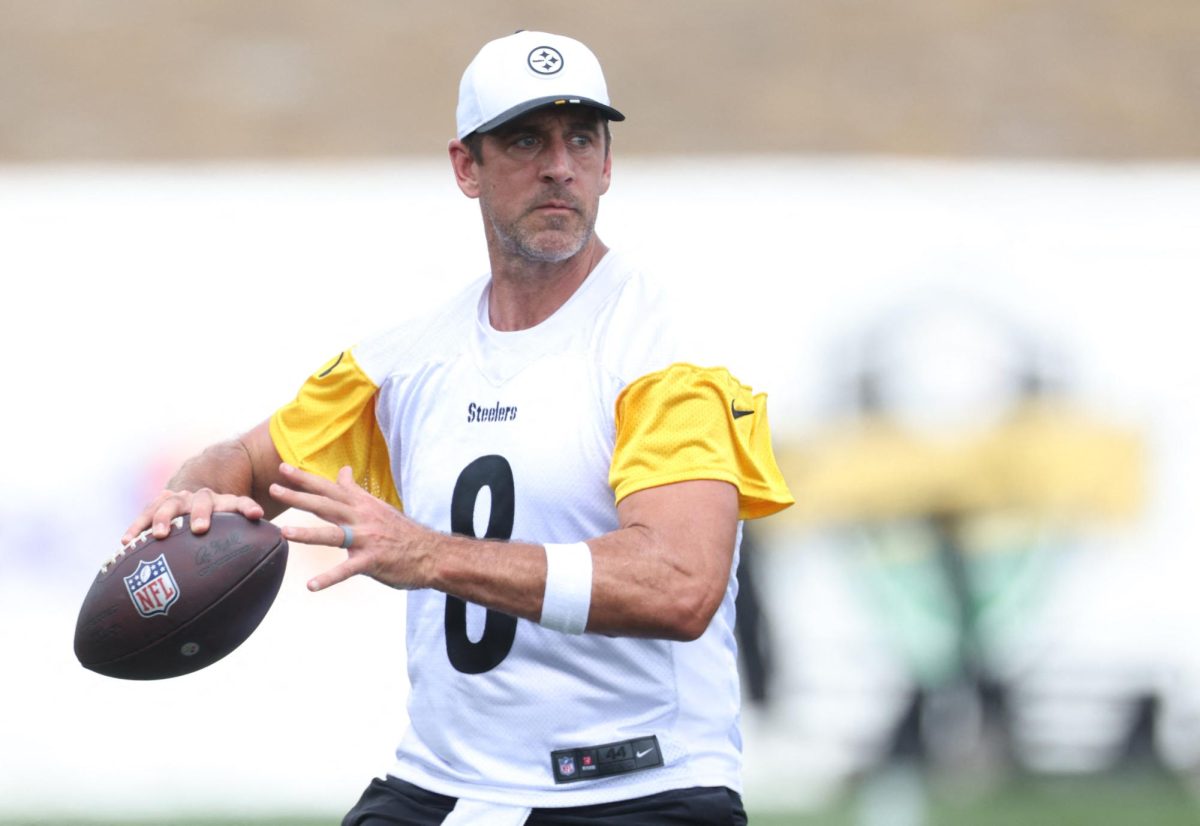 Jul 24, 2025; Latrobe, PA, USA;  Pittsburgh Steelers quarterback Aaron Rodgers (8) participates in drills during training camp at Saint Vincent College. Mandatory Credit: Charles LeClaire-Imagn Images