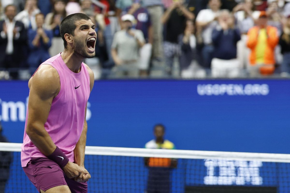 Sep 7, 2025; Flushing, NY, USA; Carlos Alcaraz (ESP) celebrates after his match against Jannik Sinner (ITA) (not pictured) in the men's singles final of the 2025 US Open tennis championships at USTA Billie Jean King National Tennis Center. Mandatory Credit: Geoff Burke-Imagn Images