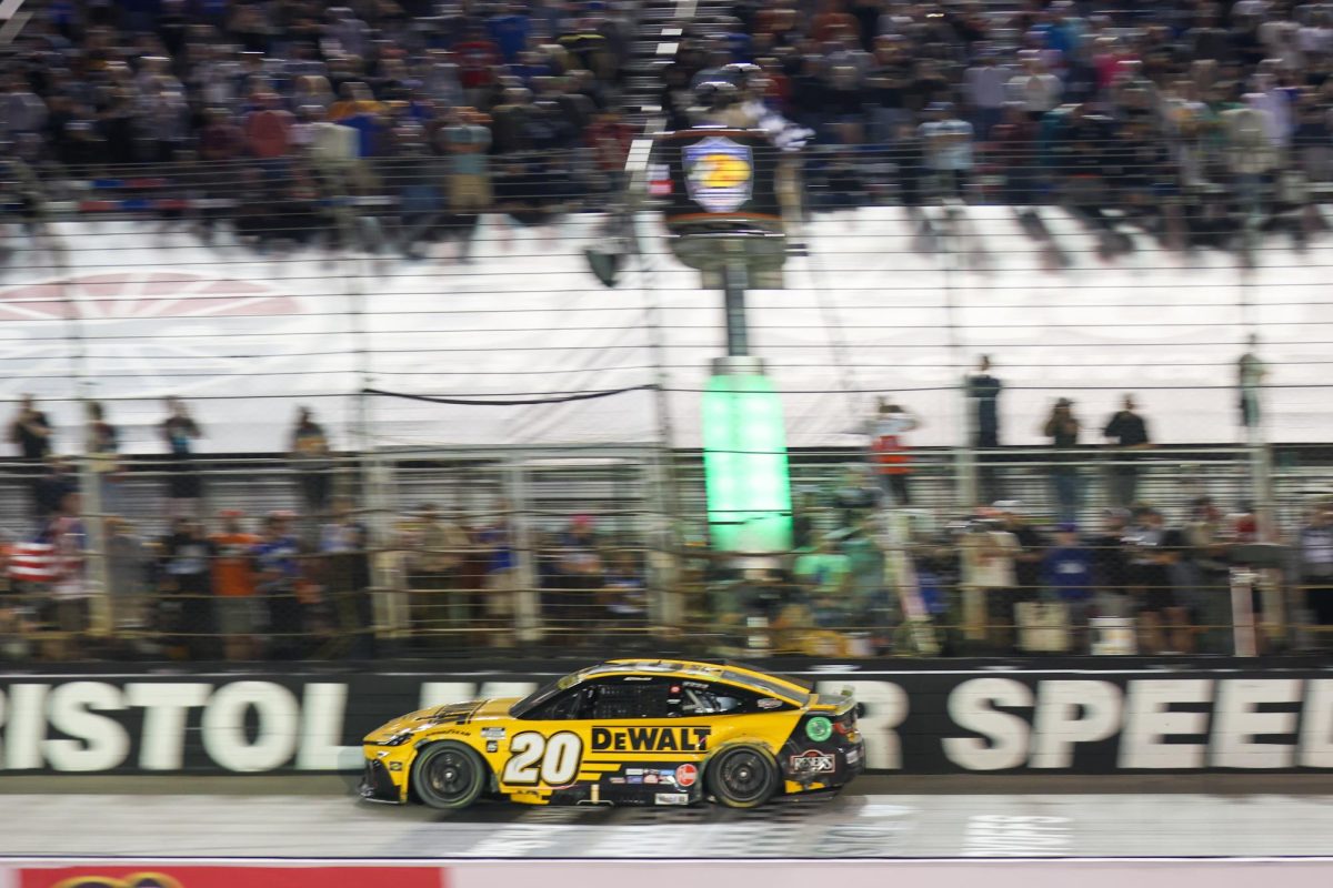 Sep 13, 2025; Bristol, Tennessee, USA; NASCAR Cup Series driver Christopher Bell (20) wins the Bass Pro Shops Night Race at Bristol Motor Speedway. Mandatory Credit: Randy Sartin-Imagn Images