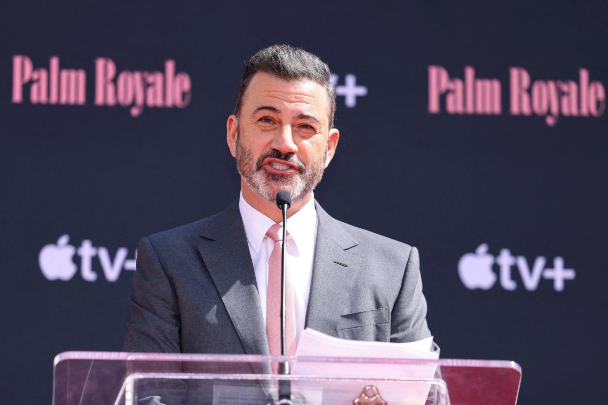 Jimmy Kimmel speaks at a ceremony in which 91-year-old iconic comedy legend and actor Carol Burnett marks her hands and feet in cement, at the TCL Chinese Theatre on Hollywood Blvd in Los Angeles, California , U.S. June 20, 2024. REUTERS/Mike Blake