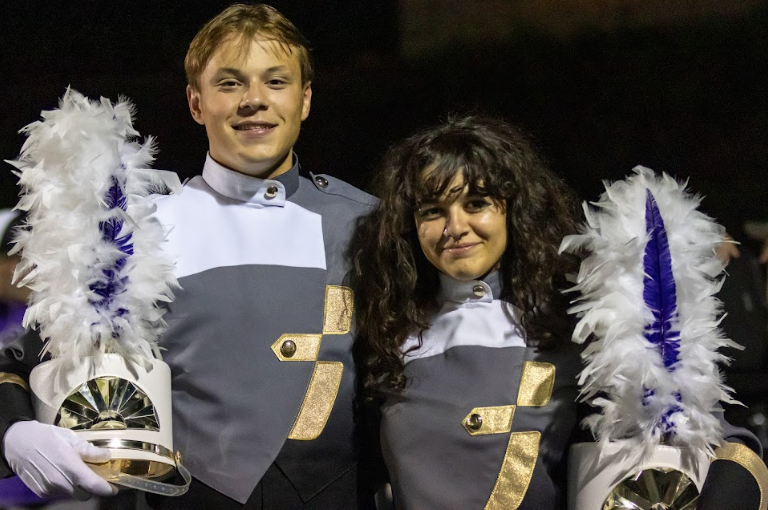 Drum Majors Jonny Pickell and Zaynah El Maghrabi perform during halftime at this friday's football game.