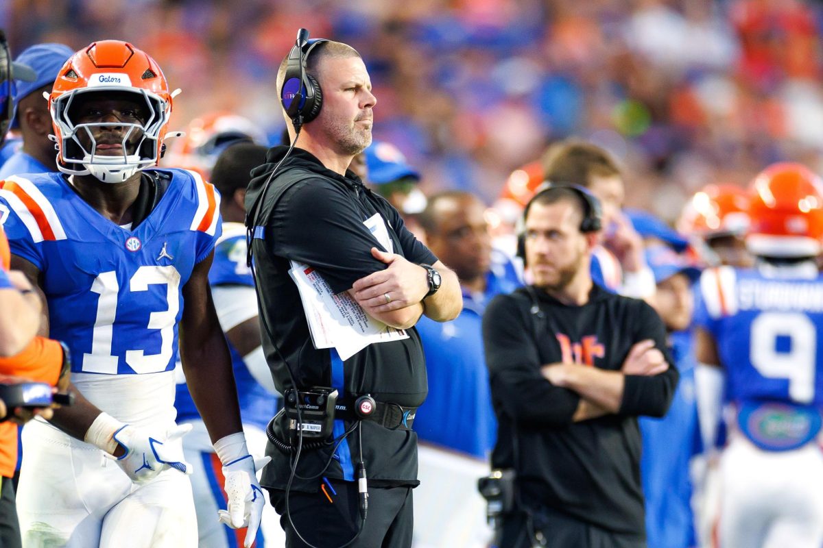 Oct 18, 2025; Gainesville, Florida, USA; Florida Gators head coach Billy Napier looks on against the Mississippi State Bulldogs during the second half at Ben Hill Griffin Stadium. Mandatory Credit: Matt Pendleton-Imagn Images