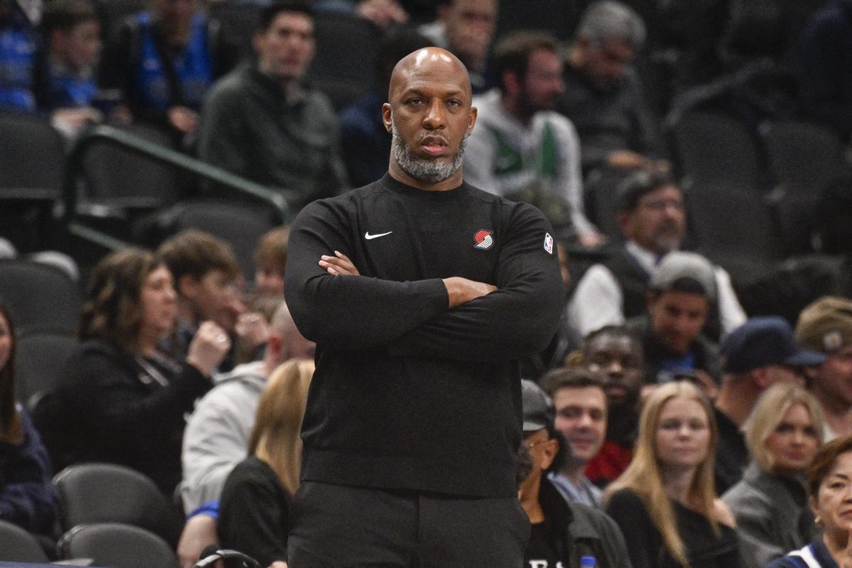 Jan 9, 2025; Dallas, Texas, USA; Portland Trail Blazers head coach Chauncey Billups looks on during the second quarter of the game against the Dallas Mavericks at the American Airlines Center. Mandatory Credit: Jerome Miron-Imagn Images