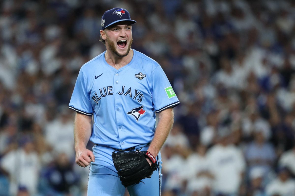 Oct 29, 2025; Los Angeles, California, USA; Toronto Blue Jays pitcher Trey Yesavage (39) celebrates after a double play during the seventh inning against the Los Angeles Dodgers during game five of the 2025 MLB World Series at Dodger Stadium. Mandatory Credit: Kiyoshi Mio-Imagn Images