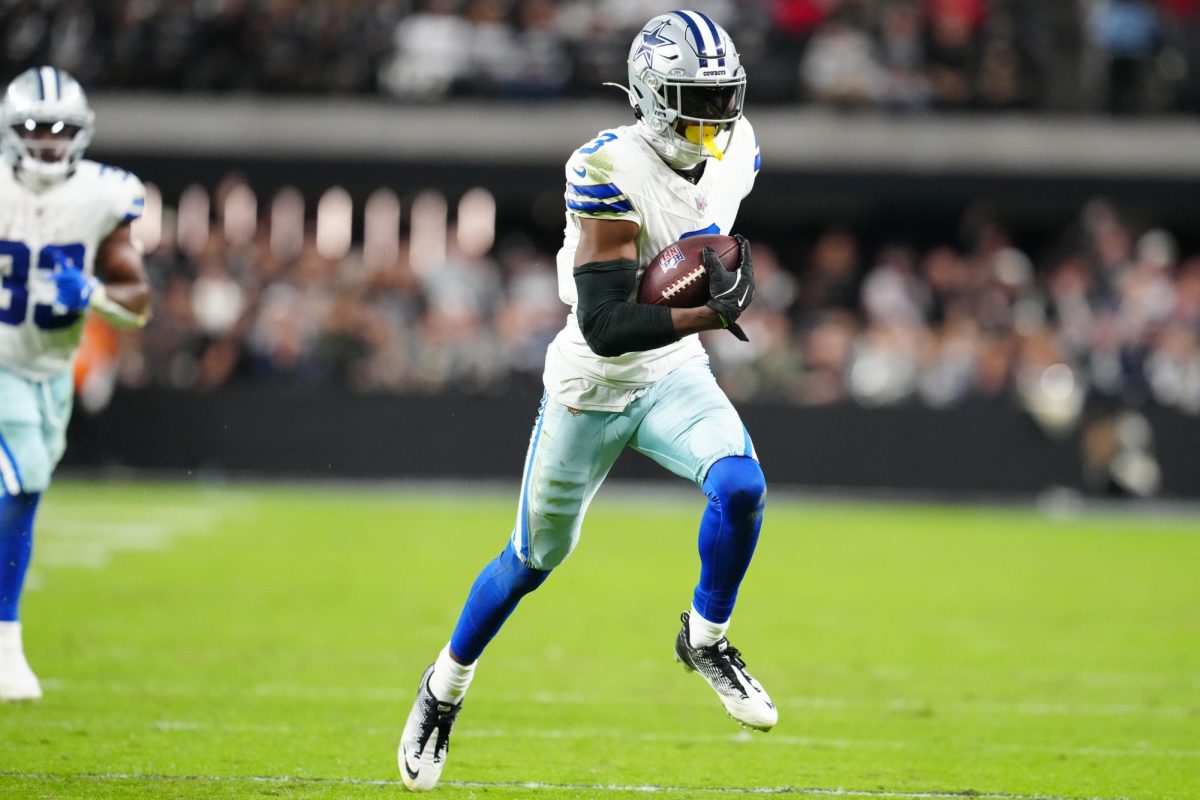 Nov 17, 2025; Paradise, Nevada, USA; Dallas Cowboys wide receiver George Pickens (3) runs to score a touchdown during the first half against the Las Vegas Raiders at Allegiant Stadium. Mandatory Credit: Stephen R. Sylvanie-Imagn Images