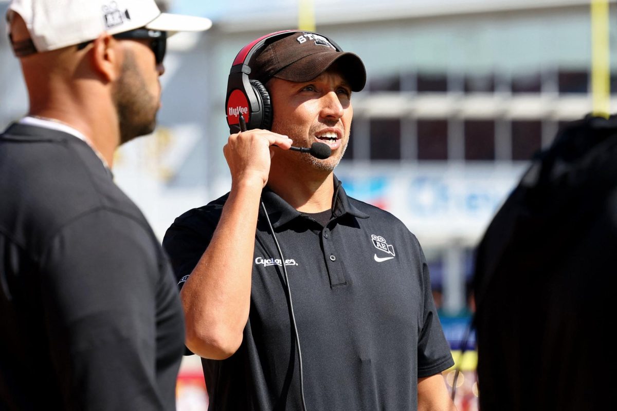 Sep 6, 2025; Ames, Iowa, USA; Iowa State Cyclones head coach Matt Campbell looks on against the Iowa Hawkeyes during the second quarter at Jack Trice Stadium. Mandatory Credit: Reese Strickland-Imagn Images