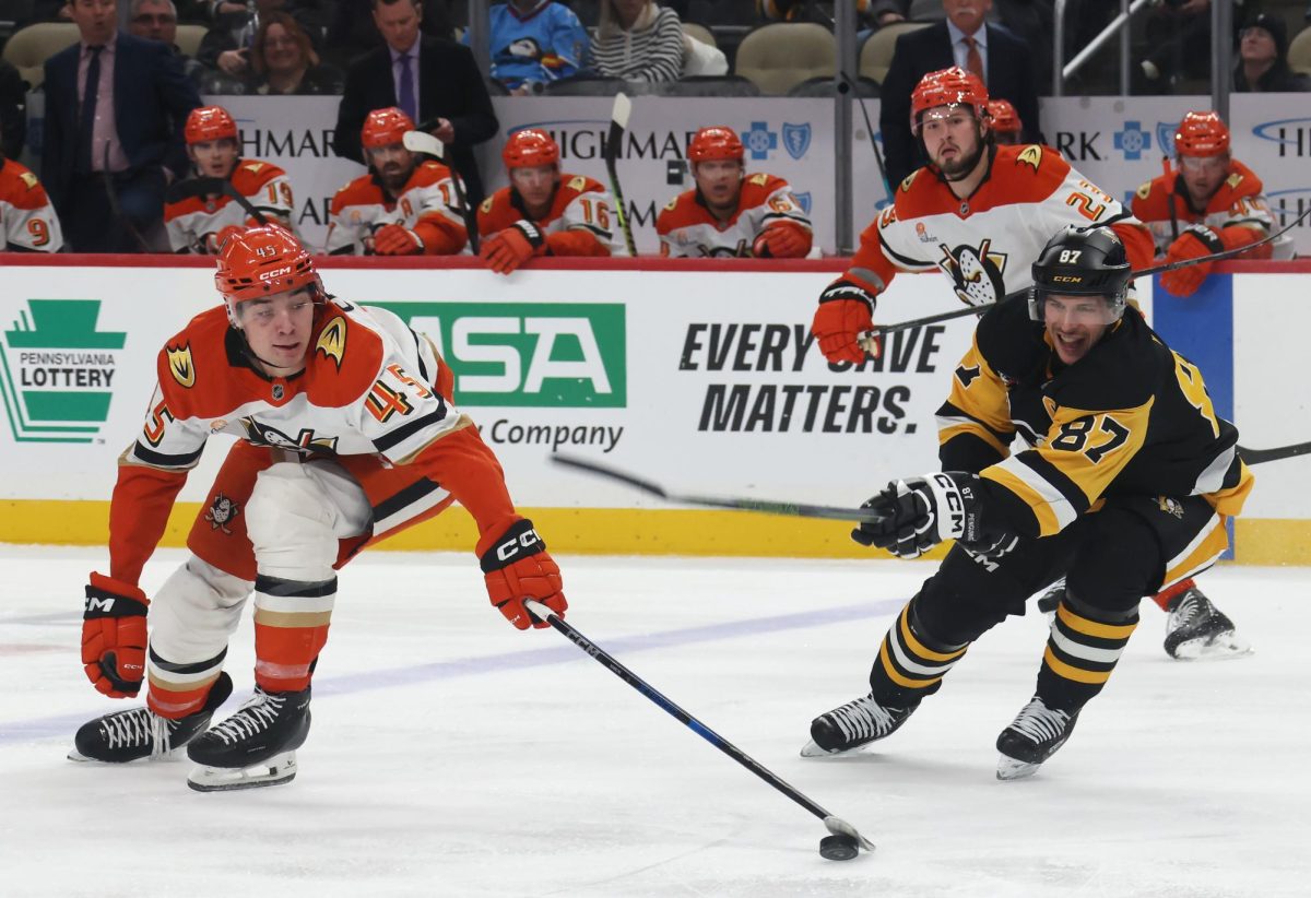 Dec 9, 2025; Pittsburgh, Pennsylvania, USA;  Anaheim Ducks right wing Beckett Sennecke (45) gathers the puck ahead of Pittsburgh Penguins center Sidney Crosby (87) during the third period at PPG Paints Arena. Mandatory Credit: Charles LeClaire-Imagn Images