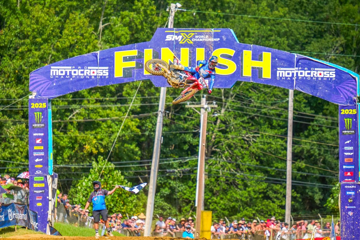 Hunter Lawrence whips over the finish line after winning Moto 2 at Budds Creek Motocross Park in 2025. 