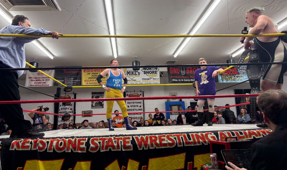 Wrestlers Lou Martin and Shawn Blanchard discuss their match. Accompanied by Del Douglass and special guest referee Bobby O’Neil.
