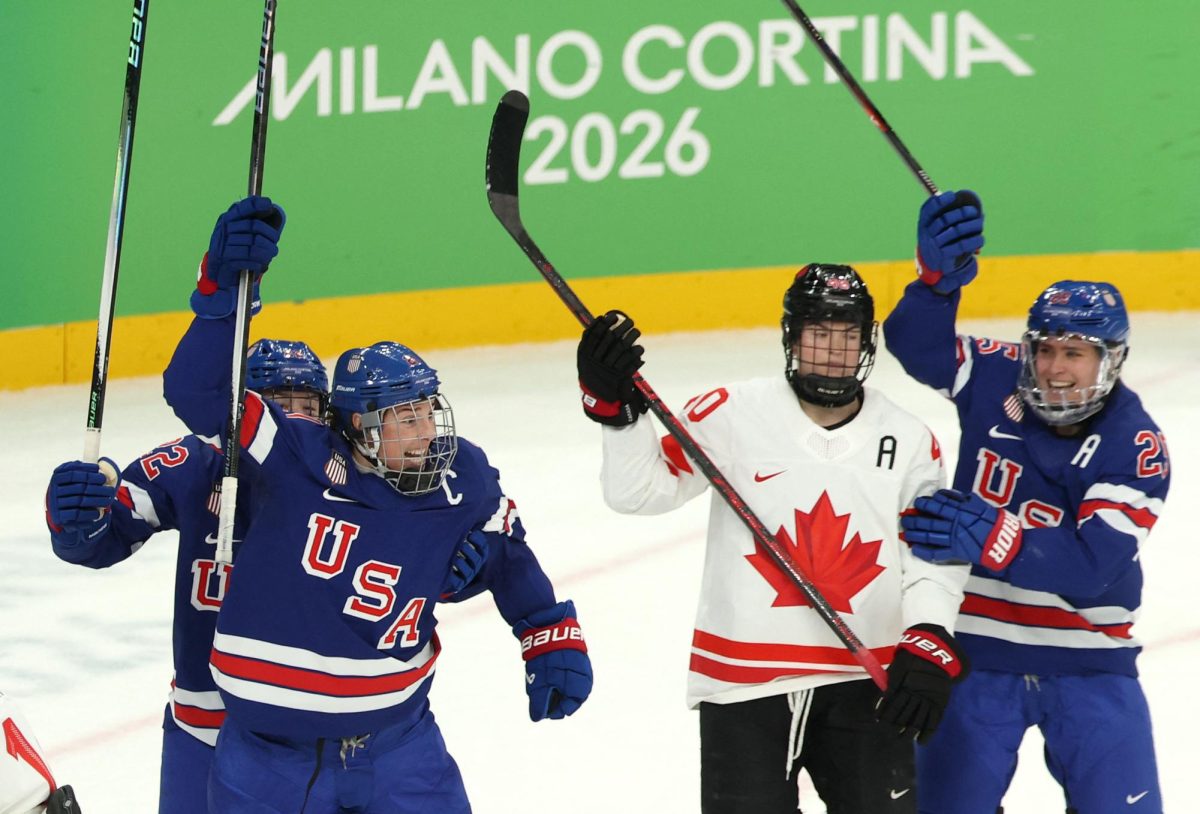 Milano Cortina 2026 Olympics - Ice Hockey - Women's Gold Medal Game - United States vs Canada - Milano Santagiulia Ice Hockey Arena, Milan, Italy - February 19, 2026. Hilary Knight of United States celebrates after scoring their first goal REUTERS/Mike Segar