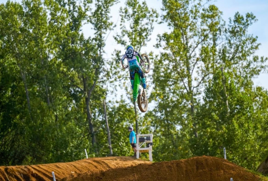 Levi Kitchen jumps the infamous Big Gulp Jump at Budds Creek Motocross Park, in 2025.
