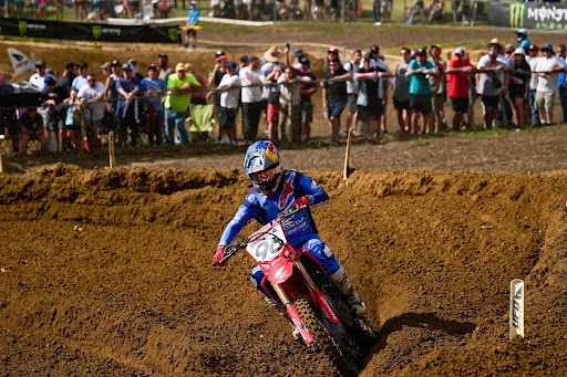 Hunter Lawrence exits a berm at Budds Creek Motocross Park in 2025.
