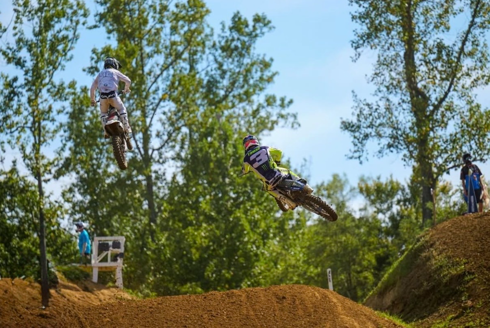 Tomac pilots his Yamaha off of a jump at Budds Creek Motocross Park in 2025.
