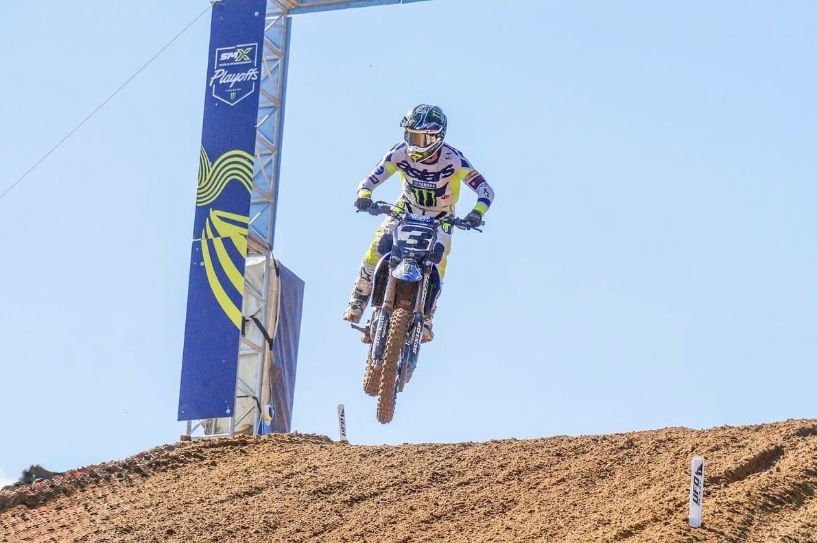 Eli Tomac gets ready to land a jump at Budds Creek Motocross Park, in 2025.

