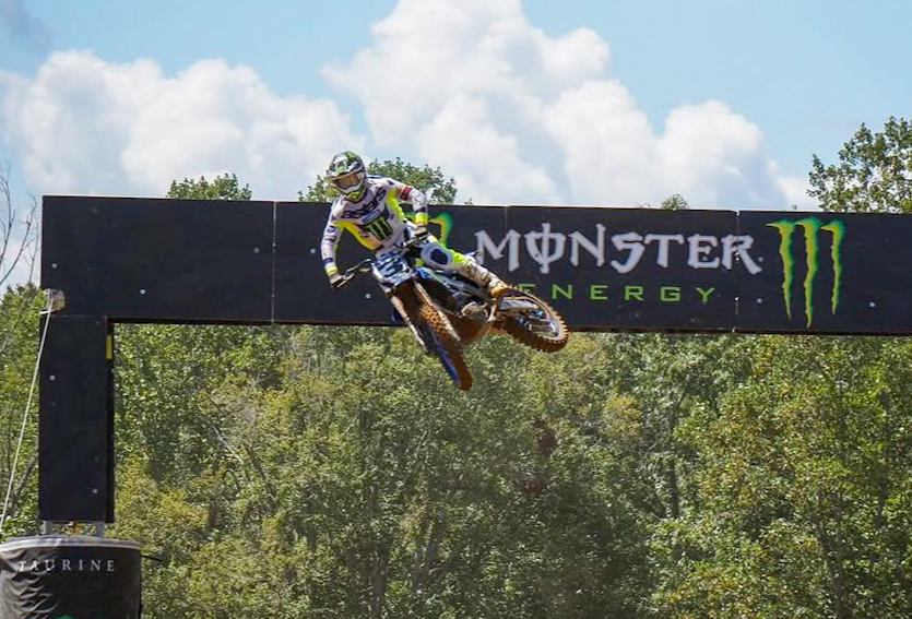 Eli Tomac shows style jumping over a tabletop at Budds Creek Motocross Park, in 2025.