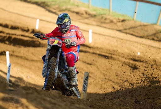 Haiden Deegan exits a corner as he goes up a hill at Budds Creek Motocross Park, in 2025. 
