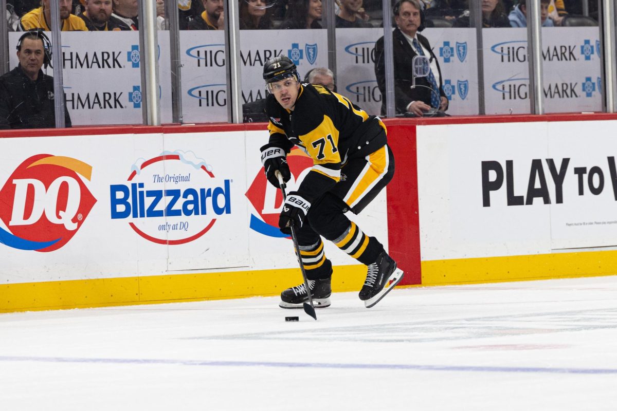 Apr 4, 2026; Pittsburgh, Pennsylvania, USA; Pittsburgh Penguins center Evgeni Malkin (71) skates with the puck during the first period at PPG Paints Arena. Mandatory Credit: Mark Alberti-Imagn Images