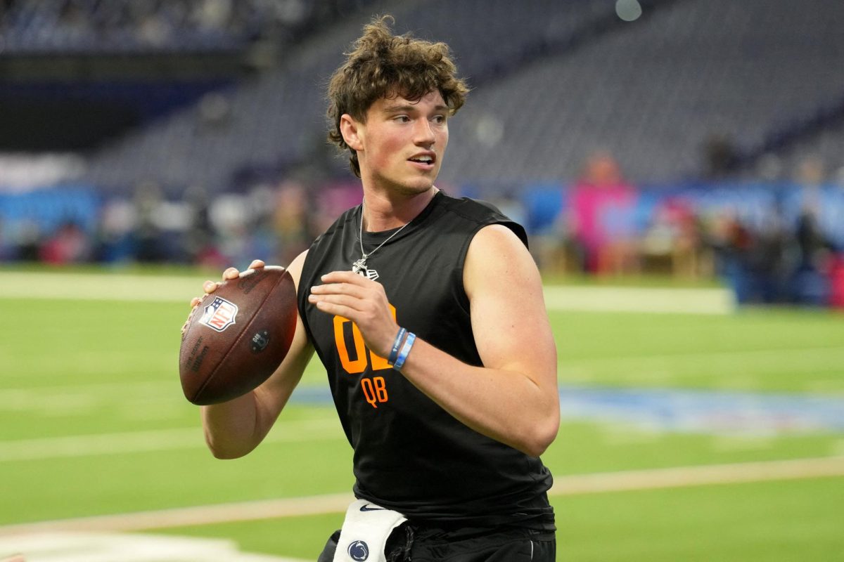 Feb 28, 2026; Indianapolis, IN, USA; Penn State quarterback Drew Allar (QB02) during the NFL Scouting Combine at Lucas Oil Stadium. Mandatory Credit: Kirby Lee-Imagn Images