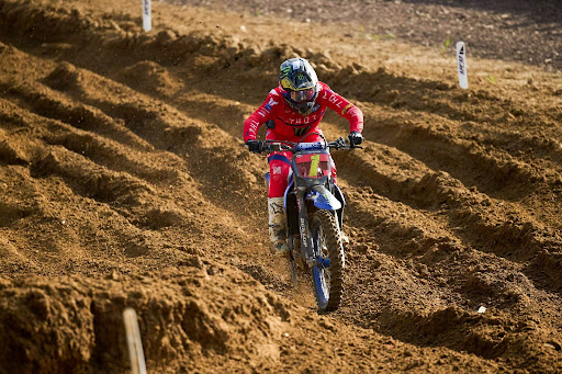 Haiden Deegan of Star Racing attacks a rutted downhill at Budds Creek Motocross Park in 2025.

